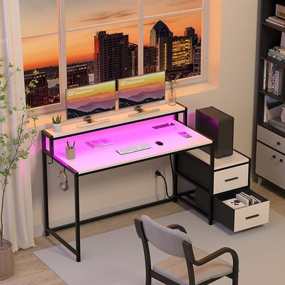GreenForest Small Desk for Bedroom, 39.4 inch Computer Desk with 2 Drawers, Gaming Desk with LED Light and Power Outlet, Reversible Office Desk with Monitor Stand, Desk for Small Spaces, White