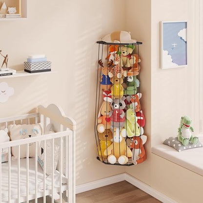 BBLlKE Stuffed Animal Storage Zoo - Corner Plush Toy Organizer Length Adjustable, Wall Hanging Stuffed Animal Net Holder for Nursery Playroom Bedroom Kids Room, Black