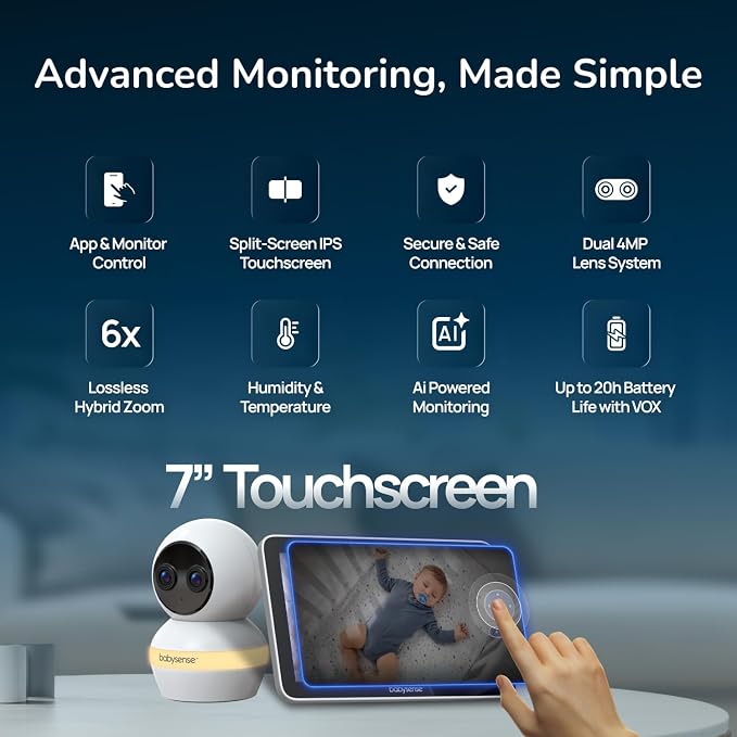Babysense TOUCH 7" Touchscreen Smart WiFi Baby Monitor with App, Camera and Audio, 2 Cameras with Night Light, 4MP Dual-Lenses with 6X Zoom, AI Auto Tracking, Focus Area, Split-Screen, No Subscription
