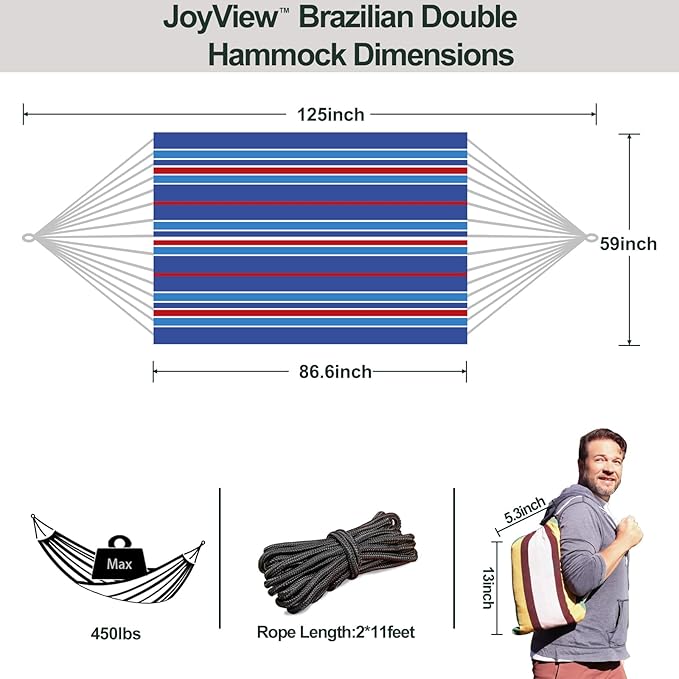 JoyView Brazilian Double Hammock with Hanging Ropes Extra Large 86.6x59” Portable Cotton Hammock for Patio Backyard Porch 450LBS Weight Capacity Perfect for Outdoor/Indoor - Blue Stripe
