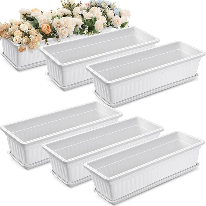 6 Packs 23 Inch Window Flower Box Extra Large Window Sill Herb Garden Long Rectangle Planter Plastic Boxes Outdoor with Drainage Trays Boxes for Balcony Windowsill Patio Garden