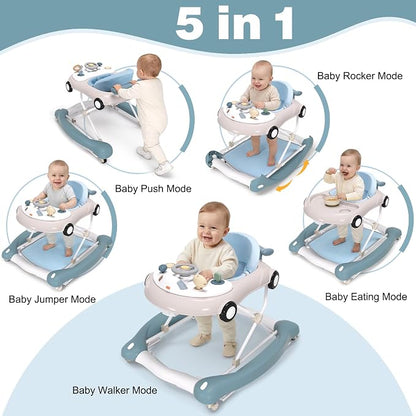 5-in-1 Convertible Baby Walker with Steering Wheel Music Activity Center – Infant Rocker, Jumper, Push Walker, Bouncer & Feeding Foldable Walker for Ages 6-18 Months Boys Girls (Haze Blue)