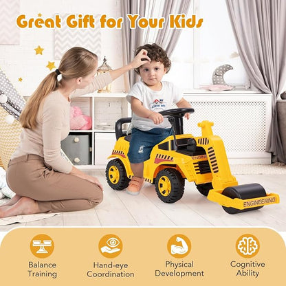 Costzon Ride on Road Roller, Sliding Kids Car with Adjustable Roller, Under-Seat Storage, Anti-Tipping Block & Engine Sound, Construction Vehicle Ride on Push Car for Toddlers Aged 19-36 Months
