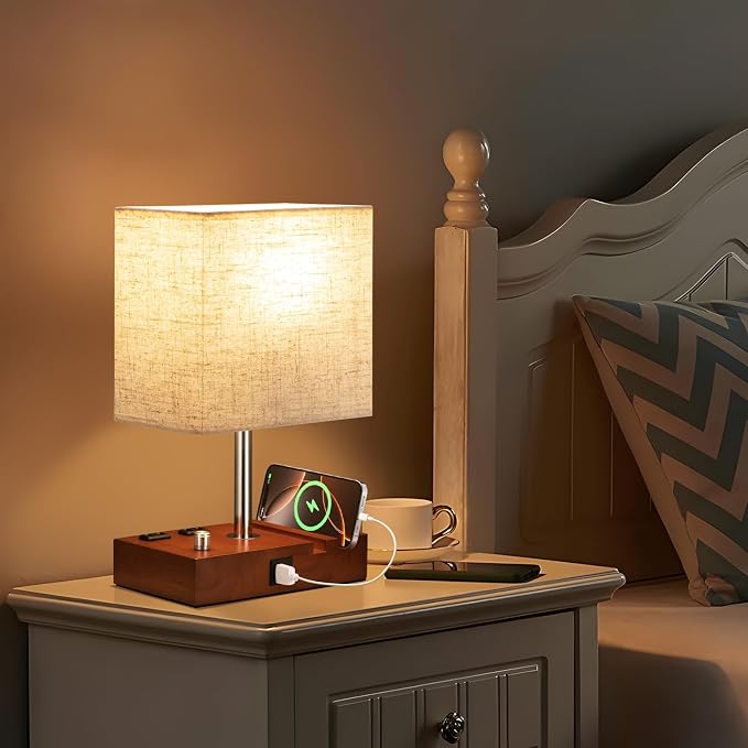 Kakanuo Fully Dimmable Nightstand Lamp for Bedroom with USB C Ports, Small Bedside Table Lamp with Charging Outlets and Phone Stands, Vintage Wooden Desk Lamp for Living Room, LED Bulb Included