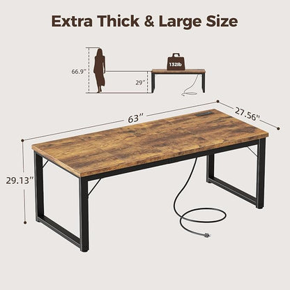 Mericonia 63x28 Inch Computer Desk w/Power Outlets, 1.2" Thick Office Table | Modern Simple Style, Heavy Duty Industrial Frame, Large Study & Writing Table for Home Bedroom Work, Brown