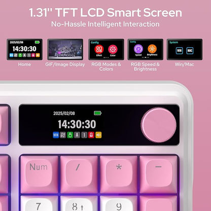 Redragon K762 PRO Wireless 104-Key Gasket Gaming Keyboard, Screen & Knob | Easy-Control LED Info Display, 0-Delay Tri-Mode, Cushioned 5-Layer Noise Dampening for Creamy Thocky Sound, Full-Size 104-Key