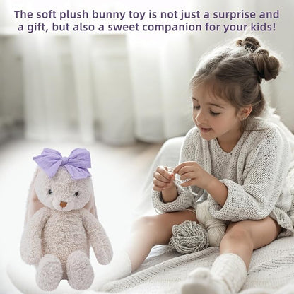 Bunny Stuffed Animal Soft Rabbit Cuddly Toy 10'' Long - Eared Plush Bunny with Purple Bow Plush Toys for Babies and Toddlers
