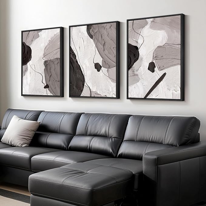 Large Framed Black and White Grey Abstract Wall Art for Living Room, 3 Piece Modern Canvas Prints Paintings Artwork for Walls, Minimalist Abstract Pictures for Hallway, Office Wall Decor 24x36 Inch