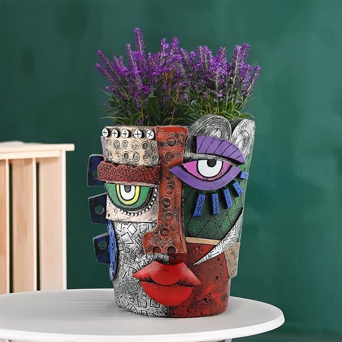 TOZLU Picasso Brutalist Beauty Face Flower Pot - Head Planter with Colorful Face Art - Resin & Flower (Stare Flower Pot)