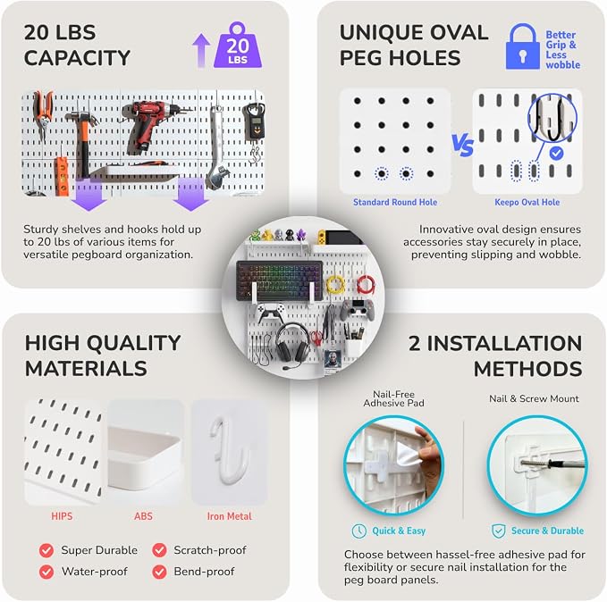 Keepo Peg Board Wall Organizer for Gaming Setup, Pegboard with Adhesives & Screw Mounts, Includes Peg Board Accessories for Gaming Accessories, Tech Storage & Office Organization (White, 22″×22″)