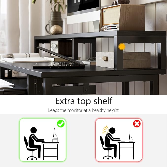 BANTI 47 Inch Computer Desk with Storage Shelves Monitor Stand Keyboard Tray, Home Office Desk, Study Writing Table, Black