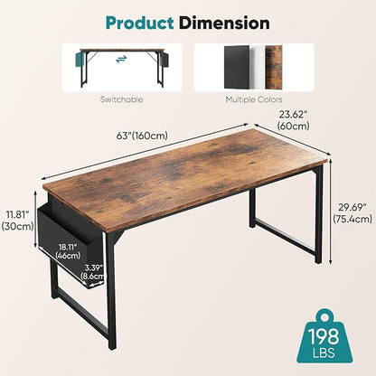 OLIXIS Computer Desk, 63 Inch Gaming Desks for Home Office Small Spaces | Writing Study Craft Work Table, Computer Workstation for Bedroom with Storage Bag, Rustic Brown