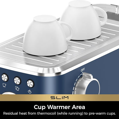 CHULUX Slim Espresso Machine with Milk Frother for Home Latte, Dark Blue | Precise Pressure Gauge, Food-Grade Materials, 20 Bar Italian Pump, Professional Temperature Control System, Stainless Steel