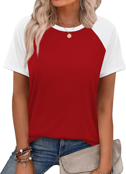 WIHOLL Womens Summer Tops Color Block Short Sleeve Raglan Shirts Spring Fashion Clothes Vacation Outfits
