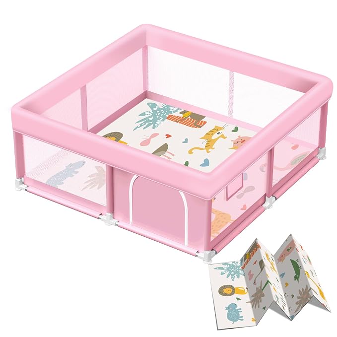 Pink Baby Playpen with Mat, 50x50 Inch Playpen with Mat Waterproof for Babies and Toddlers Play Pen for Girls Pink Playards Safety Gate Fence Active Center Indoor