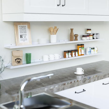 RICHER HOUSE 8 Set Floating Wall Mounted Shelves, Nursery Hanging Book Shelves with Lip for Storage, White Display Picture Ledge Shelf for Bedroom Bathroom Kitchen Living Room Wall Decor, Modern White | Display Picture Ledge Shelf, Anti-drop lip Shelf ...