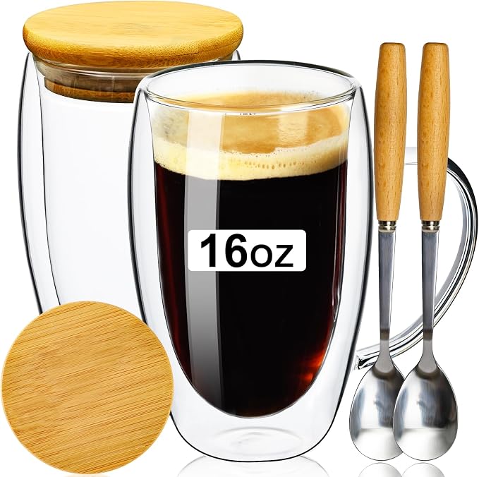 PARACITY Double Wall Glass Coffee Mugs 16OZ with Bamboo Lid/Spoon, Glass Coffee Cups Set of 2 with Handle, Insulated Clear Coffee Mug, Perfect for Latte, Cappuccino, Espresso, Hot Beverage, Tea | Each clear cup has a handle, bamboo lid and wooden spoon...