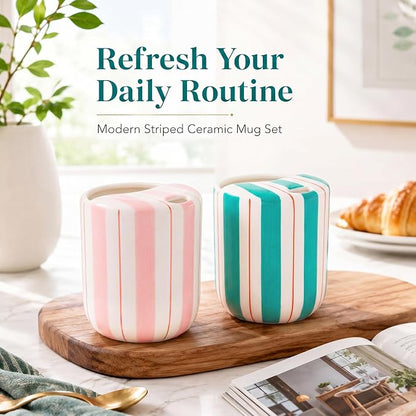 2 Pcs Ceramic Mug with Sip Hole 10 oz Pink Turquoise Striped Ceramic Coffee Mug Hand Painted Travel Mugs Heat Resistant Non Slip Built in One Lid Mugs for Coffee Lovers Appreciation Gift