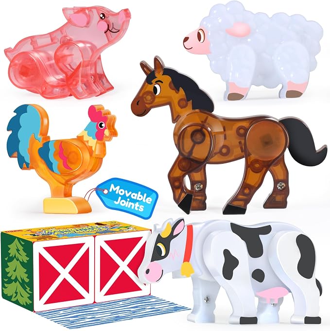 Oriate Magnetic Tiles 3D Animal Farm Toys, 5pcs Farm Animals for Kids, Movable Joints Animal Toys Suitable for Kids Magnetic Blocks Building Magnet Tiles, STEM Educational Construction