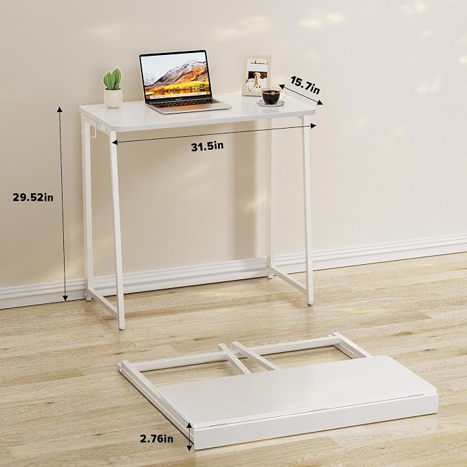 WOHOMO Folding Desk, 31.5" Foldable Computer Table for Small Spaces, White | Easy Assembly and Fold, Sturdy Home office desks for Study Bedroom Dorm Space Saving Writing Work Apartment