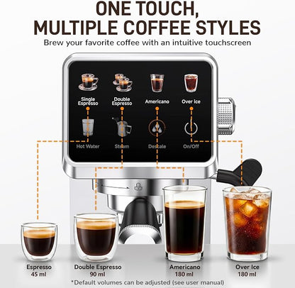 Mecity 20 Bar Espresso Machine with Milk Frother, Touchscreen Coffee Maker for Espresso, Americano & Over Ice Coffee, Compact Stainless Steel Latte & Cappuccino Maker