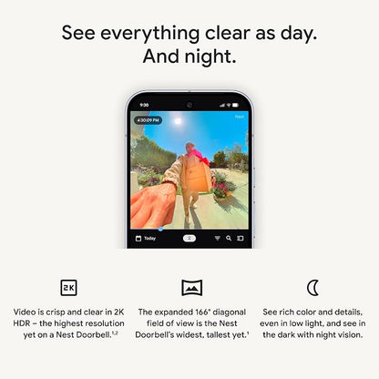 Google Nest Doorbell (Wired, 3rd Gen) - 2K Video, Live View - 2025 - Linen | Video doorbell, 2K HDR, intelligent alerts, color night vision, 2-way audio, works with Google Home & Gemini