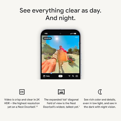 Google Nest Doorbell (Wired, 3rd Gen) - 2K Video, Live View - 2025 - Hazel | Video doorbell, 2K HDR, intelligent alerts, color night vision, 2-way audio, works with Google Home & Gemini