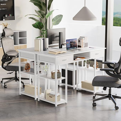 DUMOS 48-Inch Computer Desk with Drawers, Hook and Side Bag, White | Home Office Desk for Bedroom, Gaming Writing Study Desk with Adjustable Feet