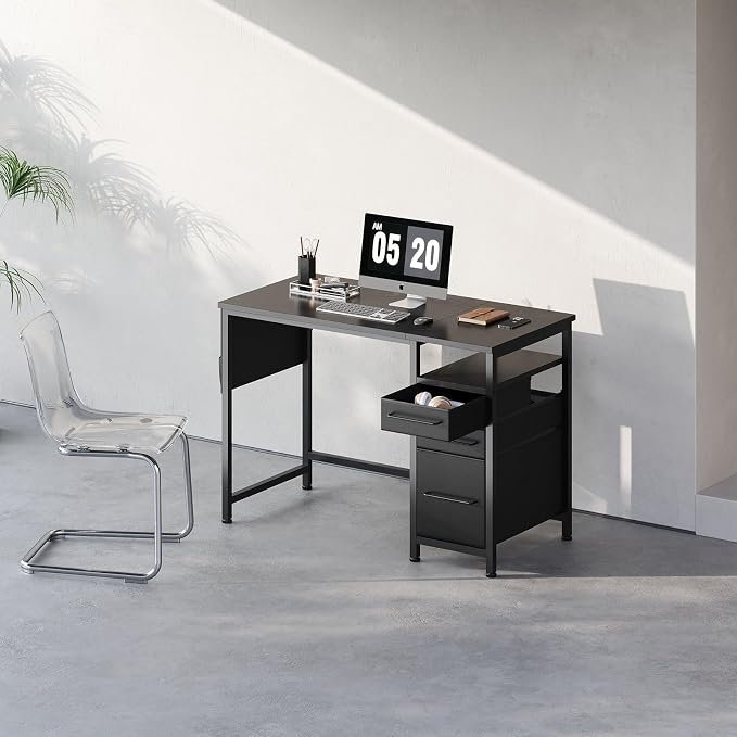Maihail Small Desk with Drawers, Office Desk with Storage Shelves, Black | 40 Inch Desktop, Metal Frame, 3 Fabric Drawers, Storage Shelves, Computer & Writing Desk, Office Gaming Workstation