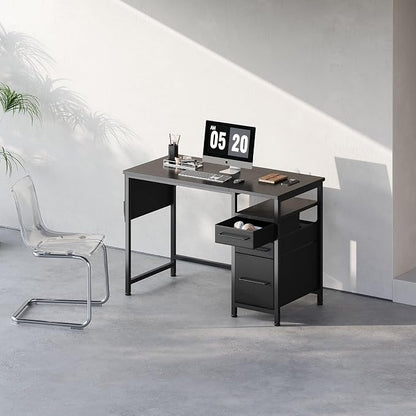 Maihail Small Desk with Drawers, Office Desk with Storage Shelves, Black | 40 Inch Desktop, Metal Frame, 3 Fabric Drawers, Storage Shelves, Computer & Writing Desk, Office Gaming Workstation