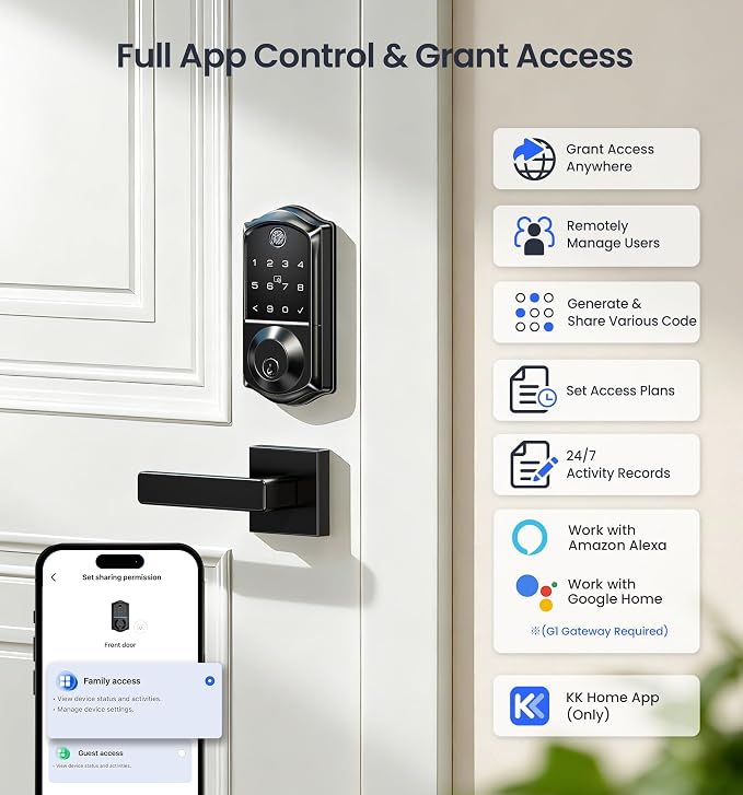 Veise VE017 Fingerprint Smart Door Lock, App Control, 8-in-1 Keyless Entry, Auto Lock, Emergency Power Port, Electronic Touchscreen Keypad, Biometric Smart Locks for Front Door, Matte Black