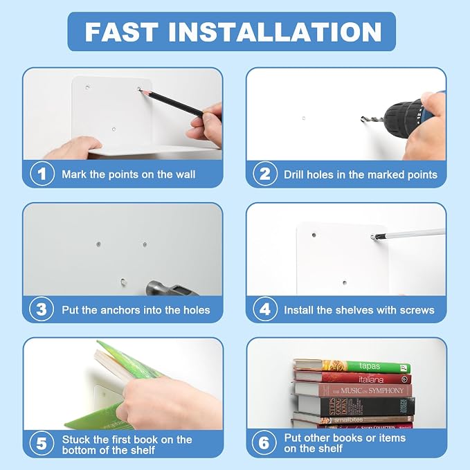 Fentec Invisible Floating Bookshelf, Wall Mounted Floating Bookshelves Heavy-Duty Book Organizers Hidden Book Shelf Metal Shelves Holder for Books Storage Bedroom Living Room Home Office, 4-Pack White