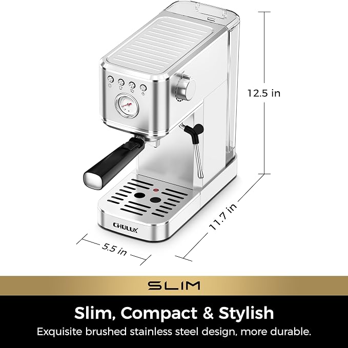 CHULUX Slim Espresso Machine with Milk Frother for Home Cappuccino & Latte | Precise Pressure Gauge, Food-Grade Materials, 20 Bar Italian Pump, Professional Temperature Control System, Stainless Steel