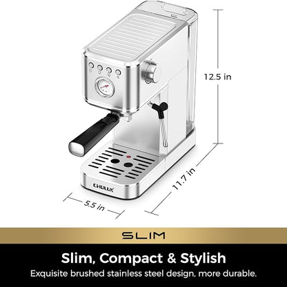 CHULUX Slim Espresso Machine with Milk Frother for Home Cappuccino & Latte | Precise Pressure Gauge, Food-Grade Materials, 20 Bar Italian Pump, Professional Temperature Control System, Stainless Steel