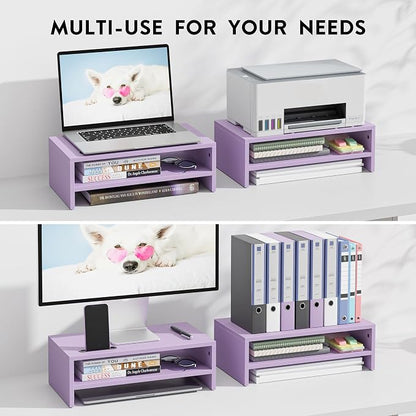 BONTEC Wooden Monitor Stand Riser, 2-Tier Desk Shelf with Storage Organizer, Ergonomic Computer Stand with Cable Management, Cellphone Holder, Purple, 16.5 Inch