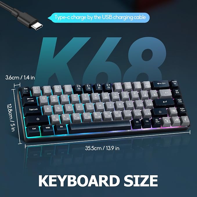 Guiheng Wired Portable 60% Mechanical Gaming Keyboard,RGB LED Backlit Compact 68 Keys Mini Wired Office Keyboard with Red Switch for Windows Laptop PC Mac -Grey and Black