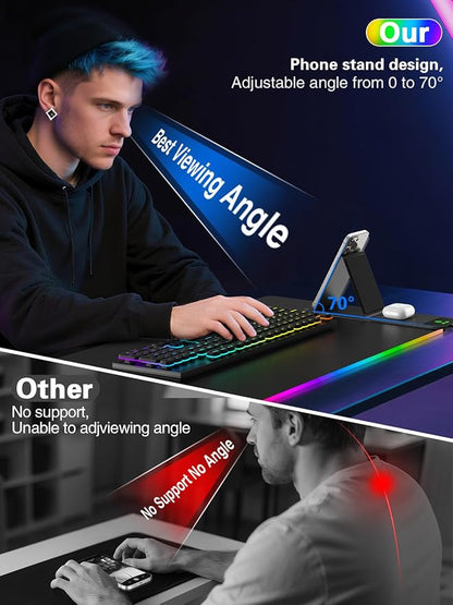 Mouse Pad with Foldable Phone Holder & Wireless Charger, XXL RGB Gaming Mousepad 31.5"x15.8" Large Desk Mat for Keyboard, Black Desk Pad with Dual Qi Charging Station | 11 Colors 5 Modes | Waterproof