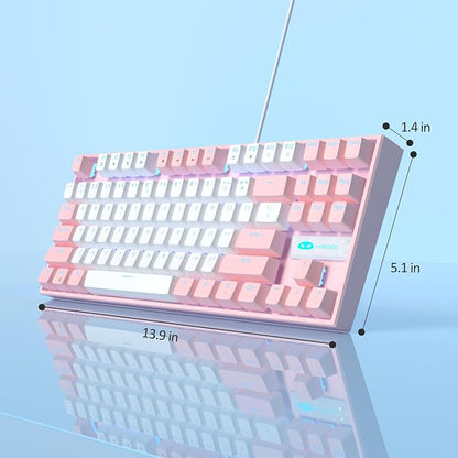 MageGee 75% Mechanical Gaming Keyboard, Red Switch, LED Blue Backlit, 87 Keys Compact TKL Wired Computer Keyboards for Windows Laptop PC Gamer - White/Pink