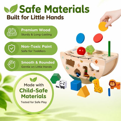 Montessori Busy Box for Toddlers 1-3, Wooden Object Permanence Coin Box with Shape Sorter & Animal Matching, Fine Motor Sensory Learning Toy with Wobble Base, Gift for 1 2 3 Year Old