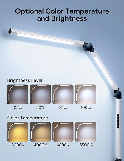 MediAcous LED Desk Lamp with Clamp, Dual Light Desk Lamp with Swing Arm, Dimmable 4 Color Modes & 4 Brightness Table Lamp, Eye-Caring Clip-on Lamp with Memory Function for Home Office, White