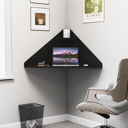 GOFLAME Floating Corner Desk, Wall Mounted Triangular Computer Desk w/Storage Shelf, Space-Saving Design, 90° Wooden Floating Home Office Desk for Writing, Working, Studying (Black)