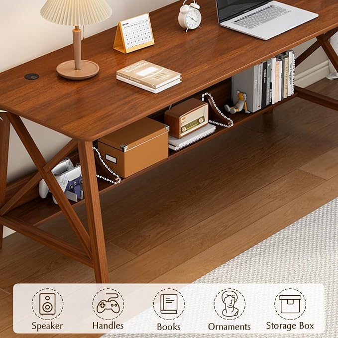NELYE Extra Long Writing Desk with Bookshelf, 71" Wx20 Dx30 H, Walnut | Wooden Home Office Work Study Table, Computer Gaming Workstation with Storage Shelf, Sturdy MDF Resists Wobble