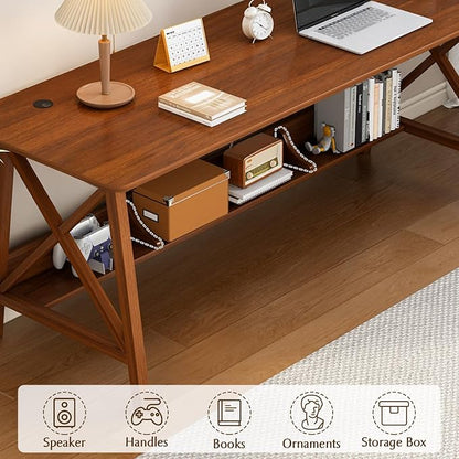 NELYE Extra Long Writing Desk with Bookshelf, 71" Wx20 Dx30 H, Walnut | Wooden Home Office Work Study Table, Computer Gaming Workstation with Storage Shelf, Sturdy MDF Resists Wobble