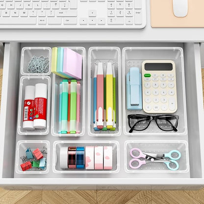 12 PCS Drawer Organizer Set, Makeup Organizers, Tool Storage Trays | 4 Sizes, Plastic, Stackable, Multiple Gadgets, Desk Drawer Divider Organizers, for Makeup, Office Supplies Storage