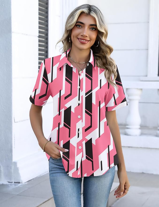 Zeagoo Button Down Shirts for Women Short Sleeve Collared Tops Dressy Casual V Neck Blouses