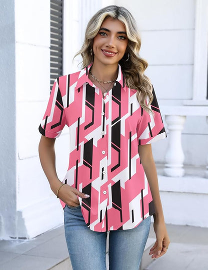 Zeagoo Button Down Shirts for Women Short Sleeve Collared Tops Dressy Casual V Neck Blouses