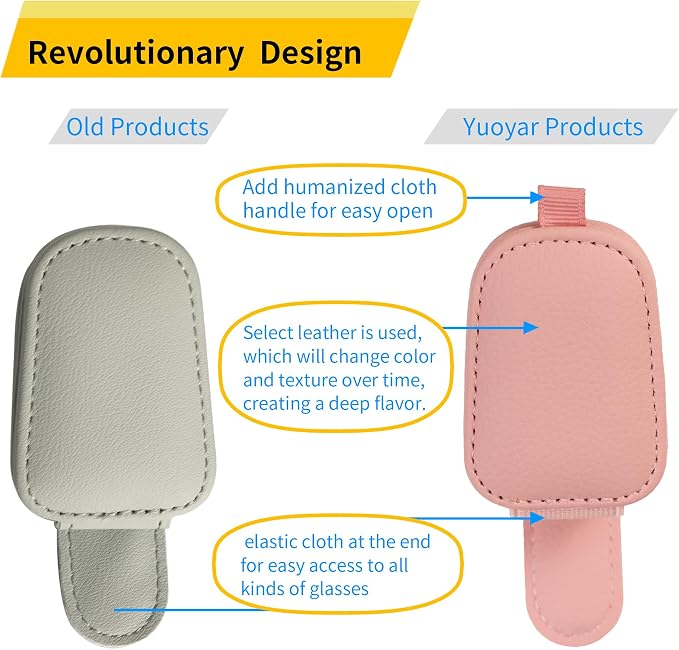 Yuoyar Sunglass Holder for Car, Magnetic Leather Sunglasses Holder and Ticket Card Clip, Car Visor Accessories, 2 Packs (Pink)