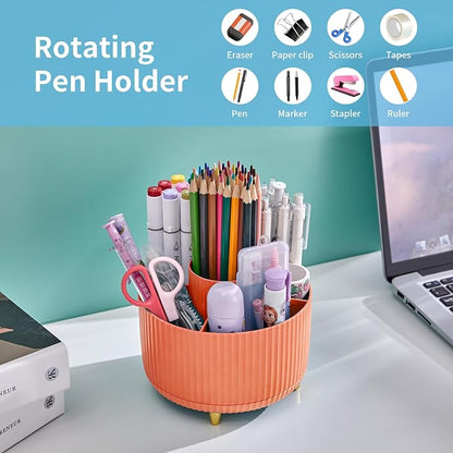 Marbrasse Desk Organizer, 360-Degree Rotating Pen Holder, Desk Organizers and Accessories with 5 Compartments Pencil Holder, Art Supply Storage Box Caddy for Office, Home（Orange）