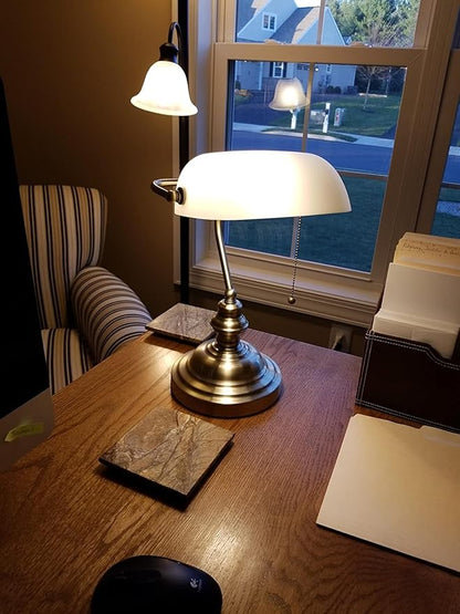 Newrays White Matted Glass Bankers Desk Lamp with Pull Chain Switch Plug in Fixture