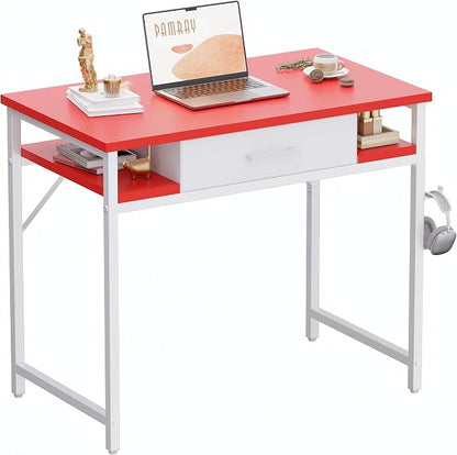 Pamray 32 Inch Small Computer Desk with Drawers for Bedroom Small Spaces | Compact, Sturdy, Easy Assembly, Mini, Suitable for Dorm and Apartment, Study and Writing